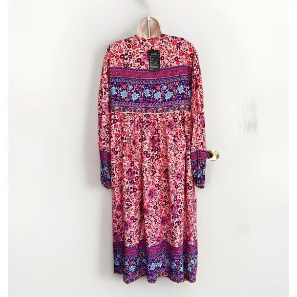 NWT R Vioimas Boho Puff Longsleeve Floral Print Maxi Dress Womens L Pink Purple - Picture 2 of 10